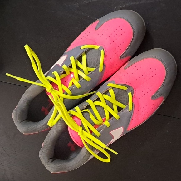 Under Armour Shoes - Like new! Under Armor neon pink, yellow, and gray cleats, sz 10
